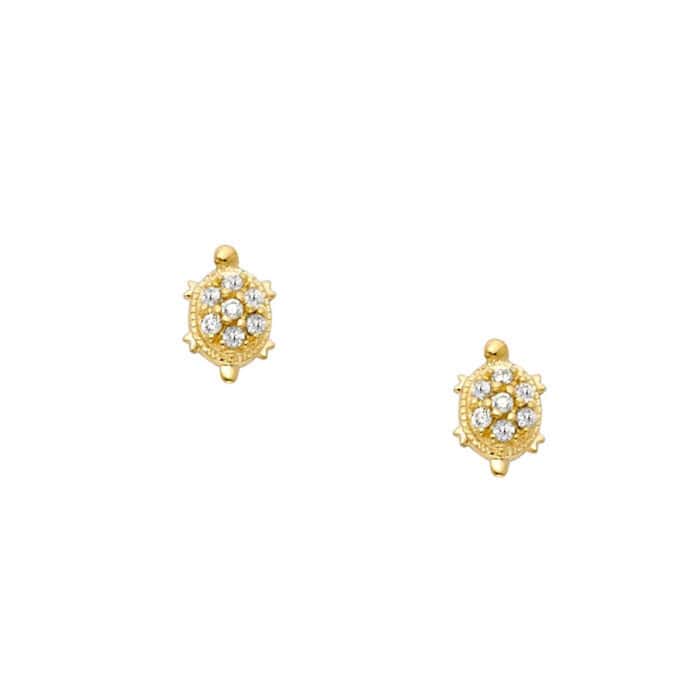 14K Yellow Gold Turtle Cubic Zirconia Stud Earrings w/Screw - Image 2