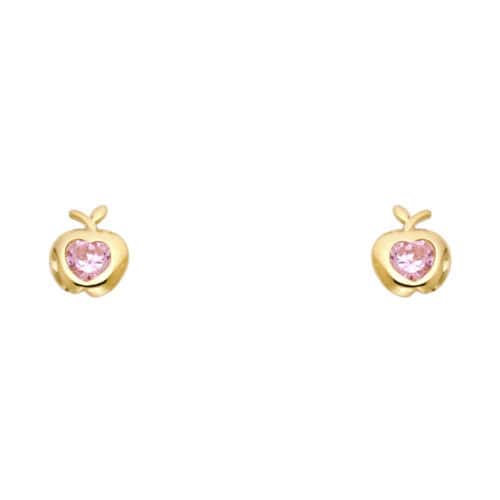 14K Yellow Gold Apple Big Cubic Zirconia Stud Earrings w/Screw