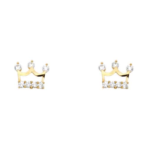 14K Yellow Gold Cubic Zirconia Crown Stud Earrings w/Screw