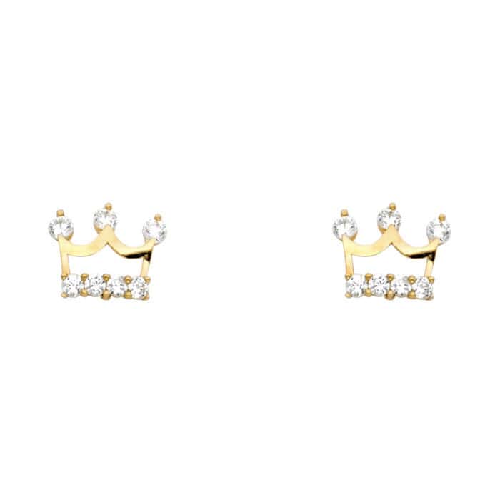 14K Yellow Gold Cubic Zirconia Crown Stud Earrings w/Screw