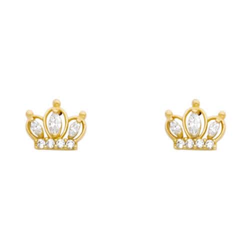 14K Yellow Gold Cubic Zirconia Crown Stud Earrings w/Screw