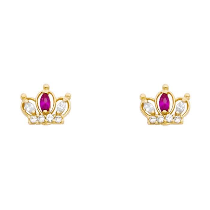 14K Yellow Gold Red Cubic Zirconia Crown Stud Earrings w/Screw