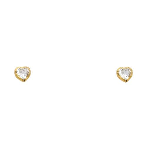 14K Yellow Gold 4mm Heart Cubic Zirconia Stud Diamond Cut Stud Earrings w/Screw