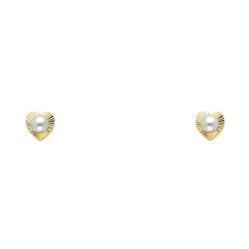 14K Yellow Gold 2.7mm Pearl Diamond Cut Heart Stud Earrings w/Screw