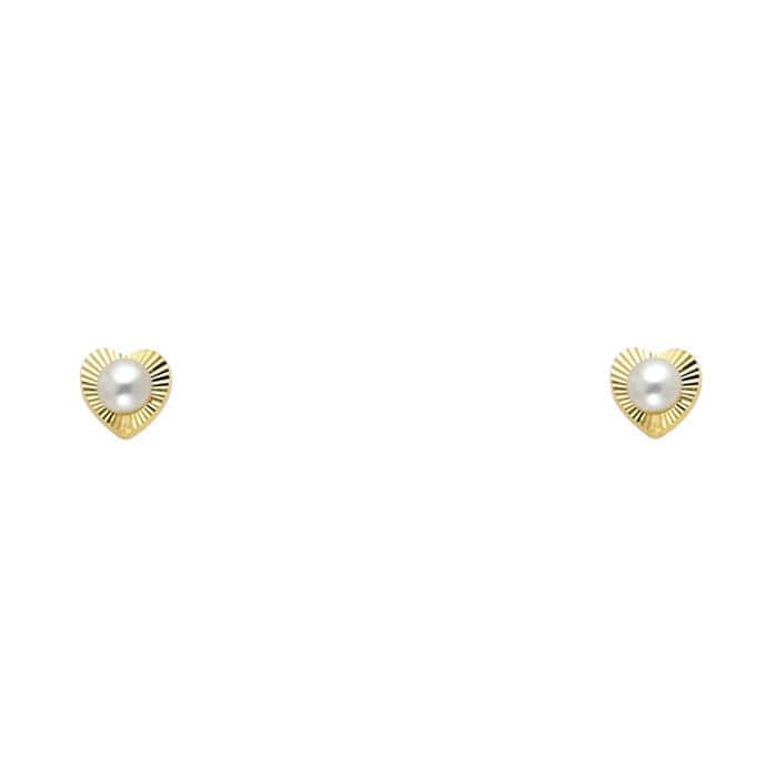 14K Yellow Gold 2.7mm Pearl Diamond Cut Heart Stud Earrings w/Screw