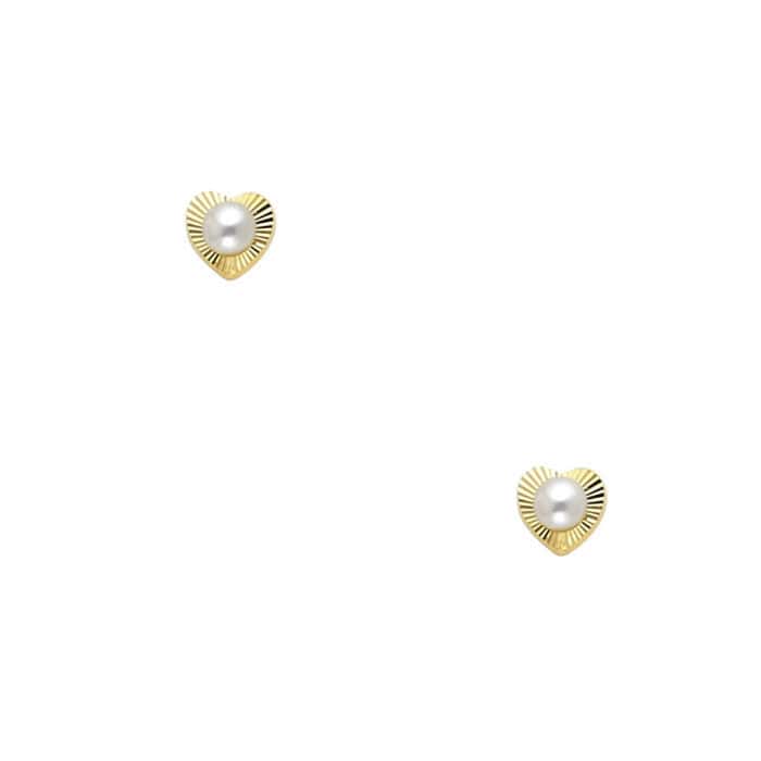 14K Yellow Gold 2.7mm Pearl Diamond Cut Heart Stud Earrings w/Screw - Image 2