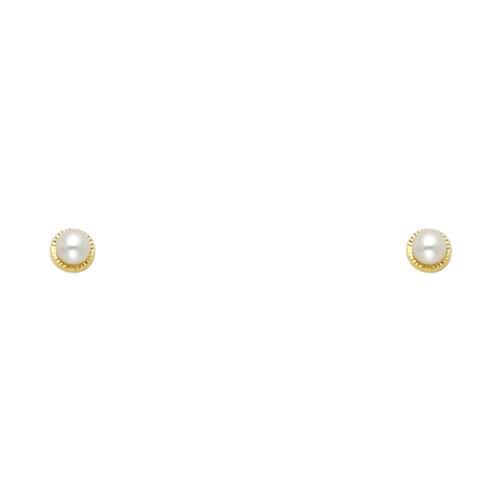 14K Yellow Gold 2.7mm Pearl Dimond Cut RD Stud Earrings w/Screw