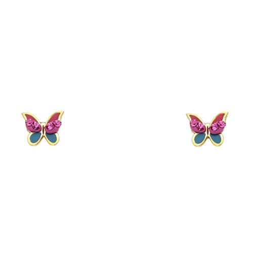 14K Yellow Gold Crystal Butterfly Stud Earrings w/Screw