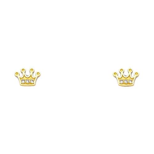 14K Yellow Gold Cubic Zirconia Crown Stud Earrings w/Screw