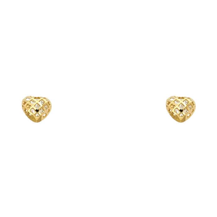 14K Yellow Gold Cubic Zirconia Heart Stud Earrings w/Screw