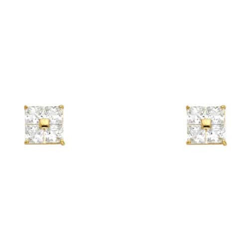 14K Yellow Gold SQ Cubic Zirconia Stud Earrings w/Screw