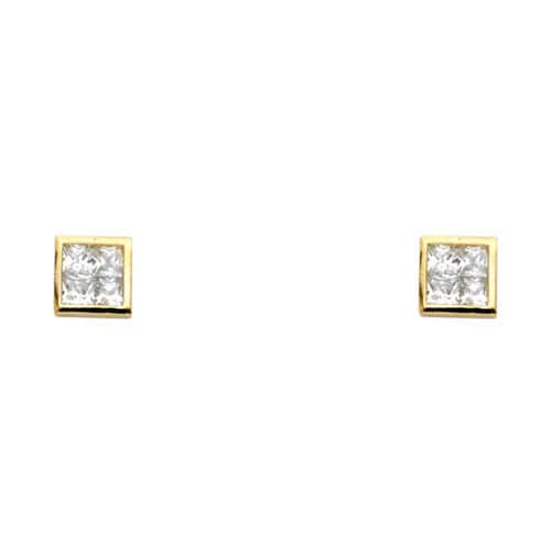 14K Yellow Gold SQ Invisible Cubic Zirconia Stud Earrings w/Screw
