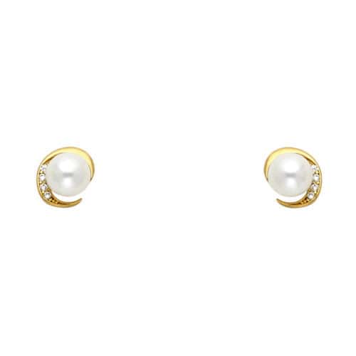 14K Yellow Gold Pearl Cubic Zirconia Stud Earrings w/Screw
