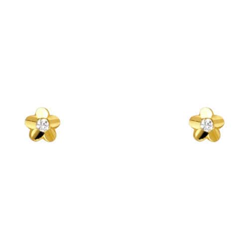 14K Yellow Gold Flower Cubic Zirconia Stud Earrings w/Screw