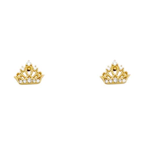 14K Yellow Gold Crown Cubic Zirconia Stud Earrings w/Screw