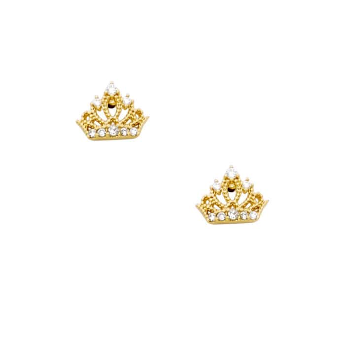 14K Yellow Gold Crown Cubic Zirconia Stud Earrings w/Screw - Image 2