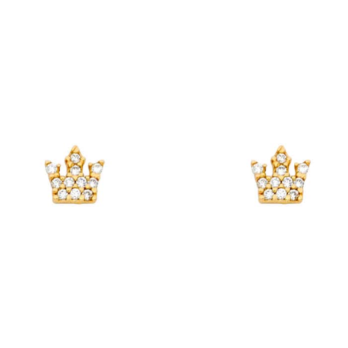 14K Yellow Gold Crown Cubic Zirconia Stud Earrings w/Screw