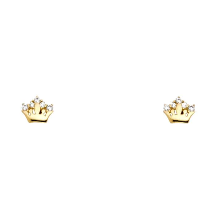 14K Yellow Gold Crown Cubic Zirconia Stud Earrings w/Screw