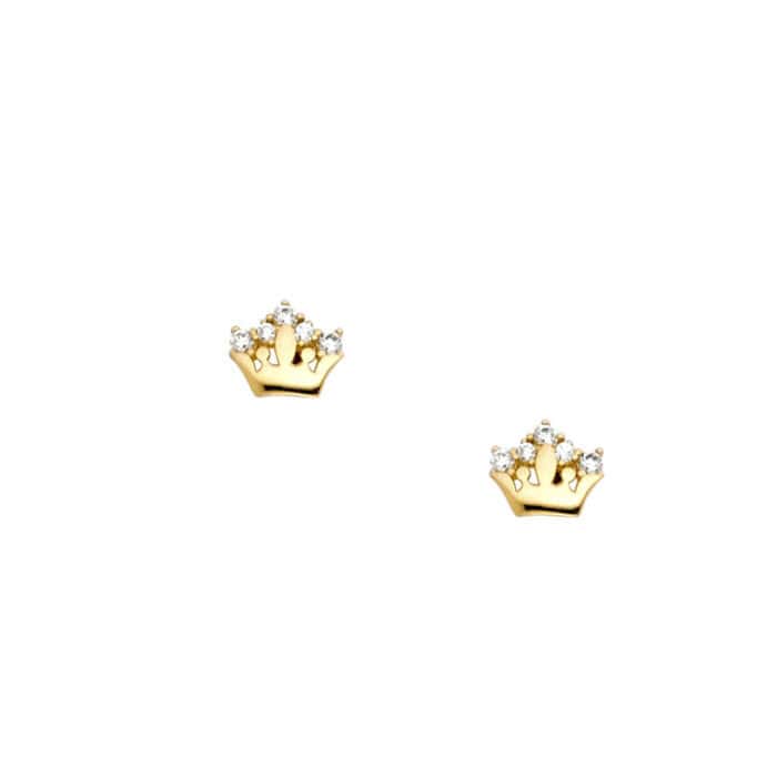 14K Yellow Gold Crown Cubic Zirconia Stud Earrings w/Screw - Image 2