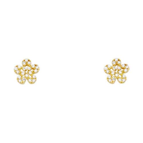 14K Yellow Gold Flower Cubic Zirconia Stud Earrings w/Screw