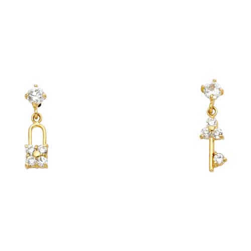 14K Yellow Gold Key+Lock Cubic Zirconia Stud Earrings w/Screw