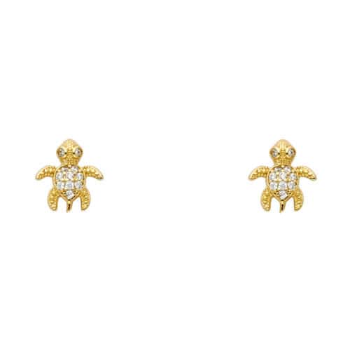 14K Yellow Gold Turtle Cubic Zirconia Stud Earrings w/Screw