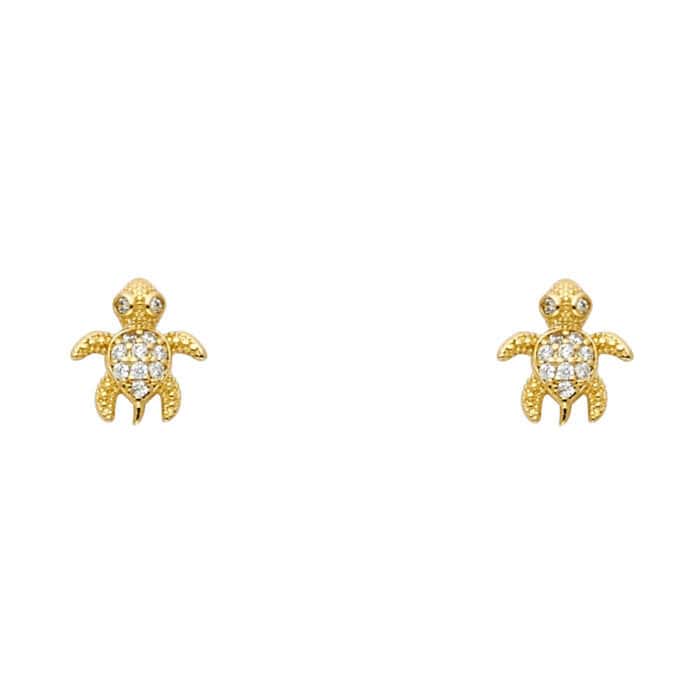 14K Yellow Gold Turtle Cubic Zirconia Stud Earrings w/Screw