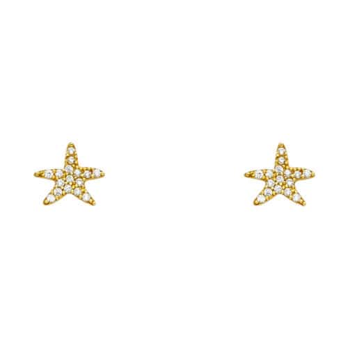 14K Yellow Gold Sea Star Cubic Zirconia Stud Earrings w/Screw