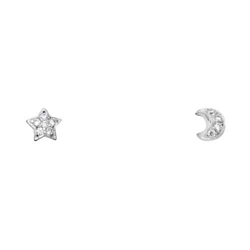14K White Gold Star+Moon Cubic Zirconia Stud Earrings w/Screw