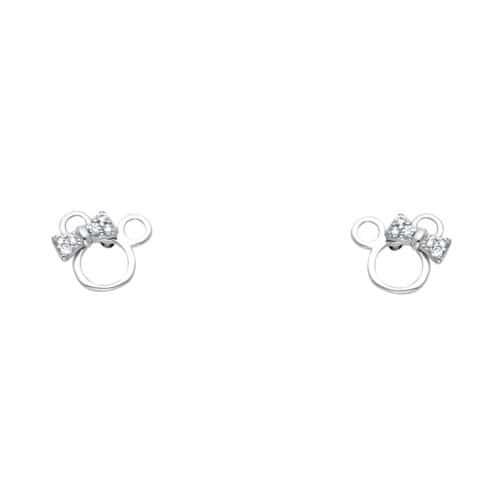 14K White Gold Mouse Cubic Zirconia Stud Earrings w/Screw