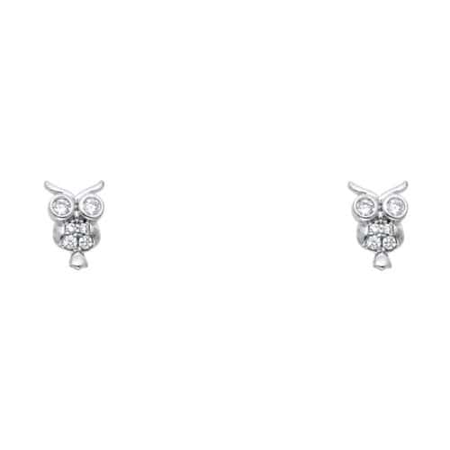 14K White Gold Owl Cubic Zirconia Stud Earrings w/Screw