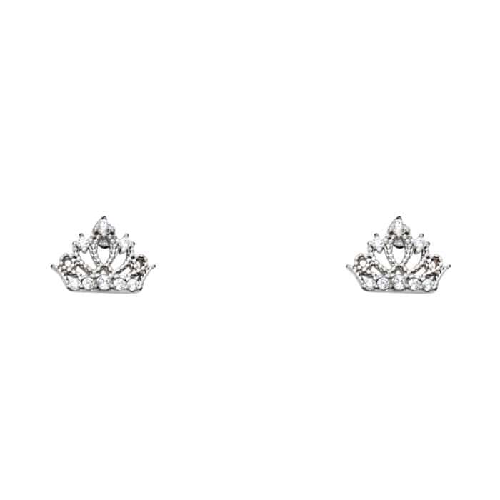 14K White Gold Crown Cubic Zirconia Stud Earrings w/Screw
