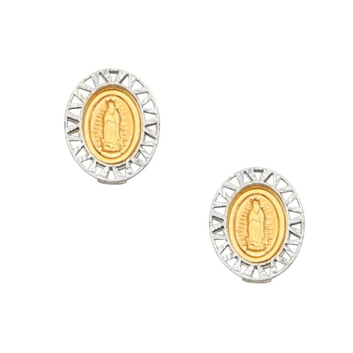 14K Two Tone Gold Oval Guadalupe Earrings w/Silicone - Image 2
