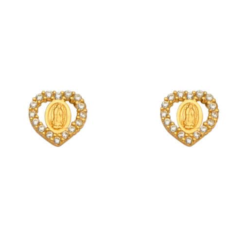 14K Yellow Gold Cubic Zirconia Heart Guadalupe Earrings w/Silicone
