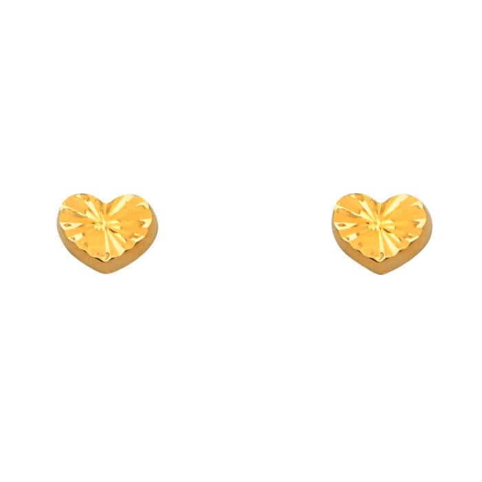 14K Yellow Gold Diamond Cut Heart Earrings w/Screw