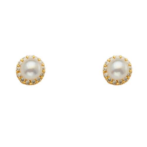 14K Yellow Gold Pearl+ Cubic Zirconia Earrings w/Screw