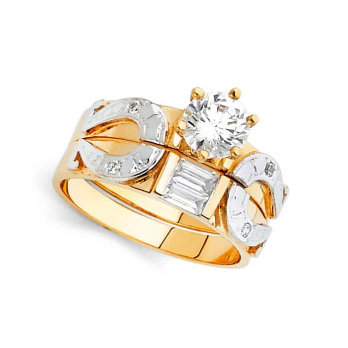14K Two Tone Gold Cubic Zirconia Engagement Ring and Wedding Band Set - Image 2