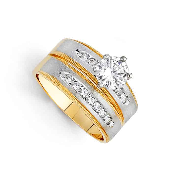 14K Two Tone Gold Cubic Zirconia Engagement Ring and Wedding Band Set - Image 2