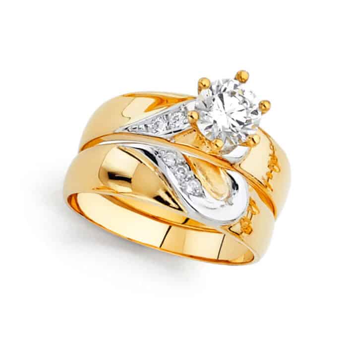 14K Two Tone Gold Cubic Zirconia Engagement Ring and Wedding Band Set - Image 2