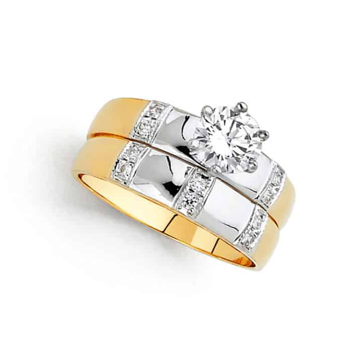 14K Two Tone Gold Cubic Zirconia Engagement Ring and Wedding Band Set - Image 2