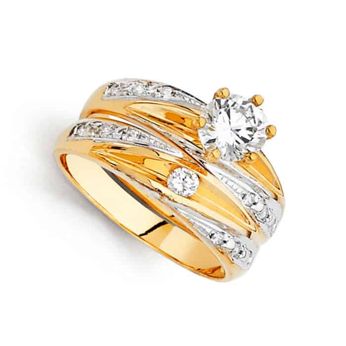 14K Two Tone Gold Cubic Zirconia Engagement Ring and Wedding Band Set - Image 2