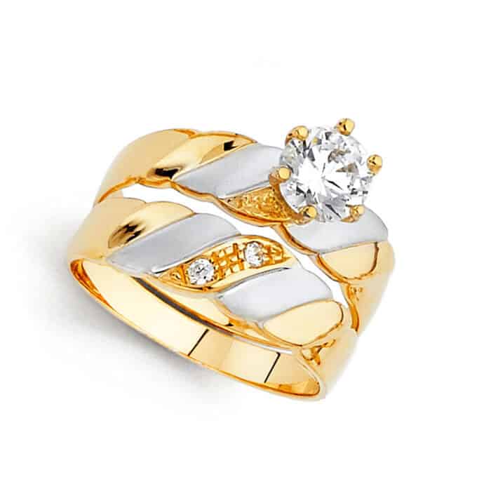 14K Two Tone Gold Cubic Zirconia Engagement Ring and Wedding Band Set - Image 2