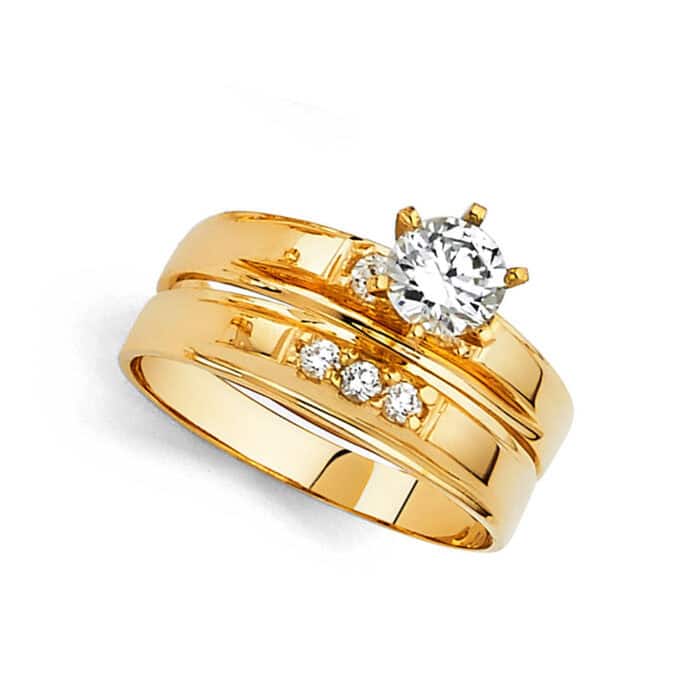 14K Yellow Gold Cubic Zirconia Engagement Ring and Wedding Band Set - Image 2