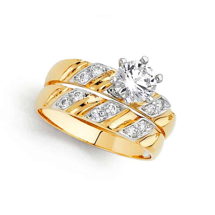14K Two Tone Gold Cubic Zirconia Engagement Ring and Wedding Band Set - Image 2