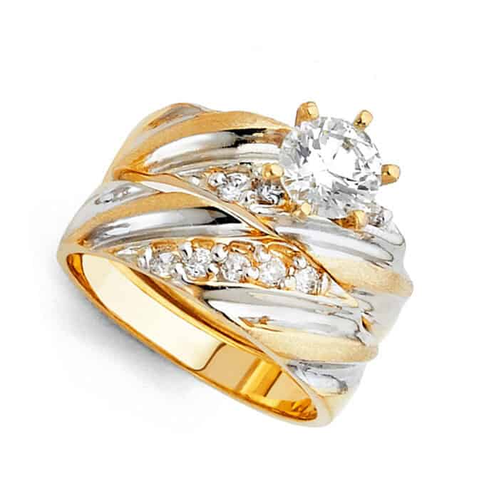 14K Two Tone Gold Cubic Zirconia Engagement Ring and Wedding Band Set - Image 2