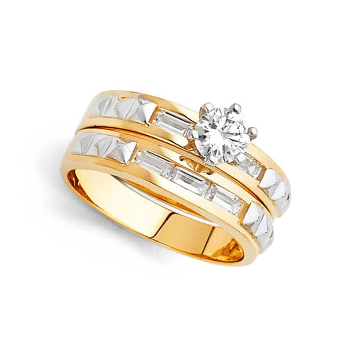 14K Two Tone Gold Cubic Zirconia Engagement Ring and Wedding Band Set - Image 2